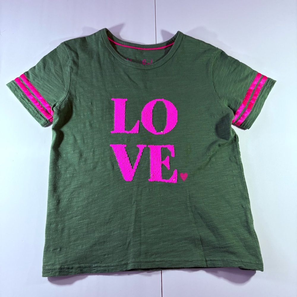 Mini Boden Forest Green Pink Sequin Love Print Heart Valentines Tee 9-10 T-Shirt